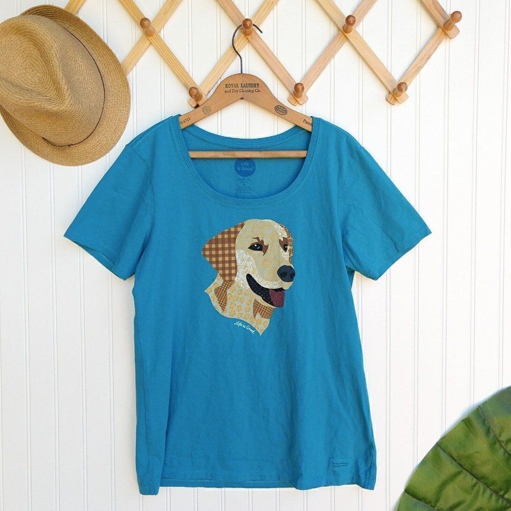 Life is Good Golden Retriever T Shirt Top Size M Green Patchwork Dog Print Tee